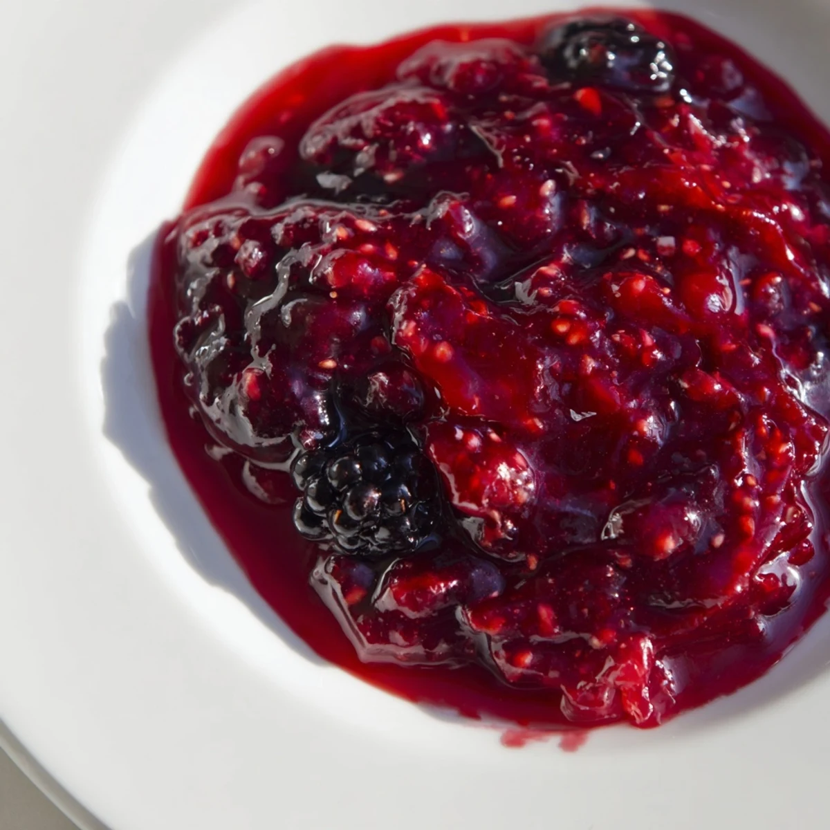 Homemade strawberry rhubarb raspberry jam spooned onto white toast with visible fruit pieces