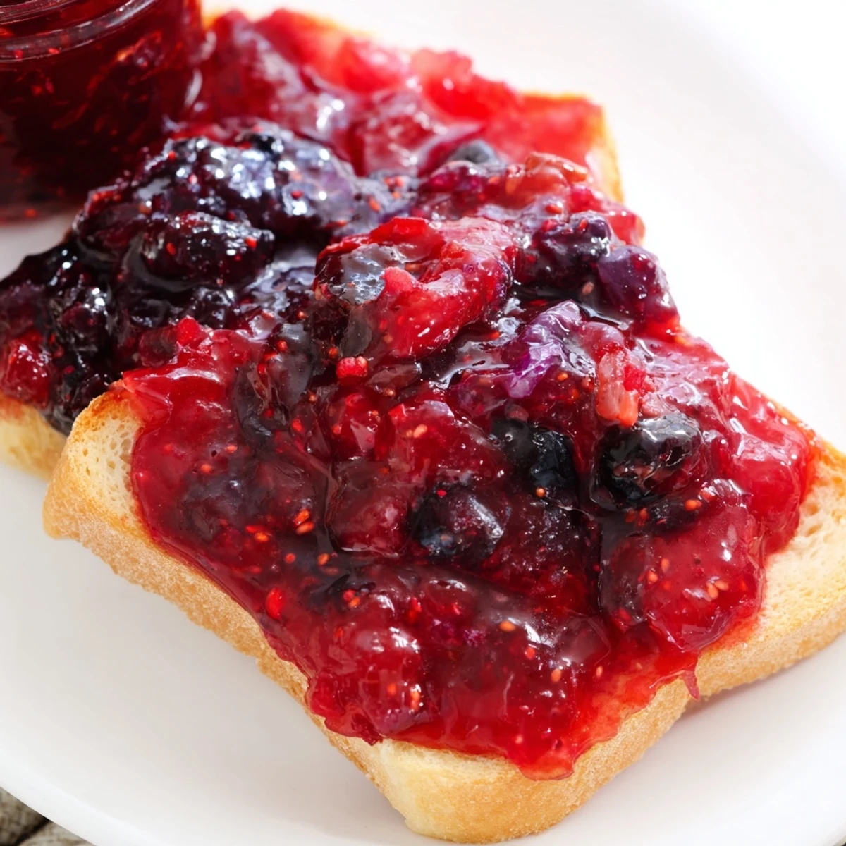 Rich red fruit jam glistening in sunlight beside fresh scones and breakfast spread