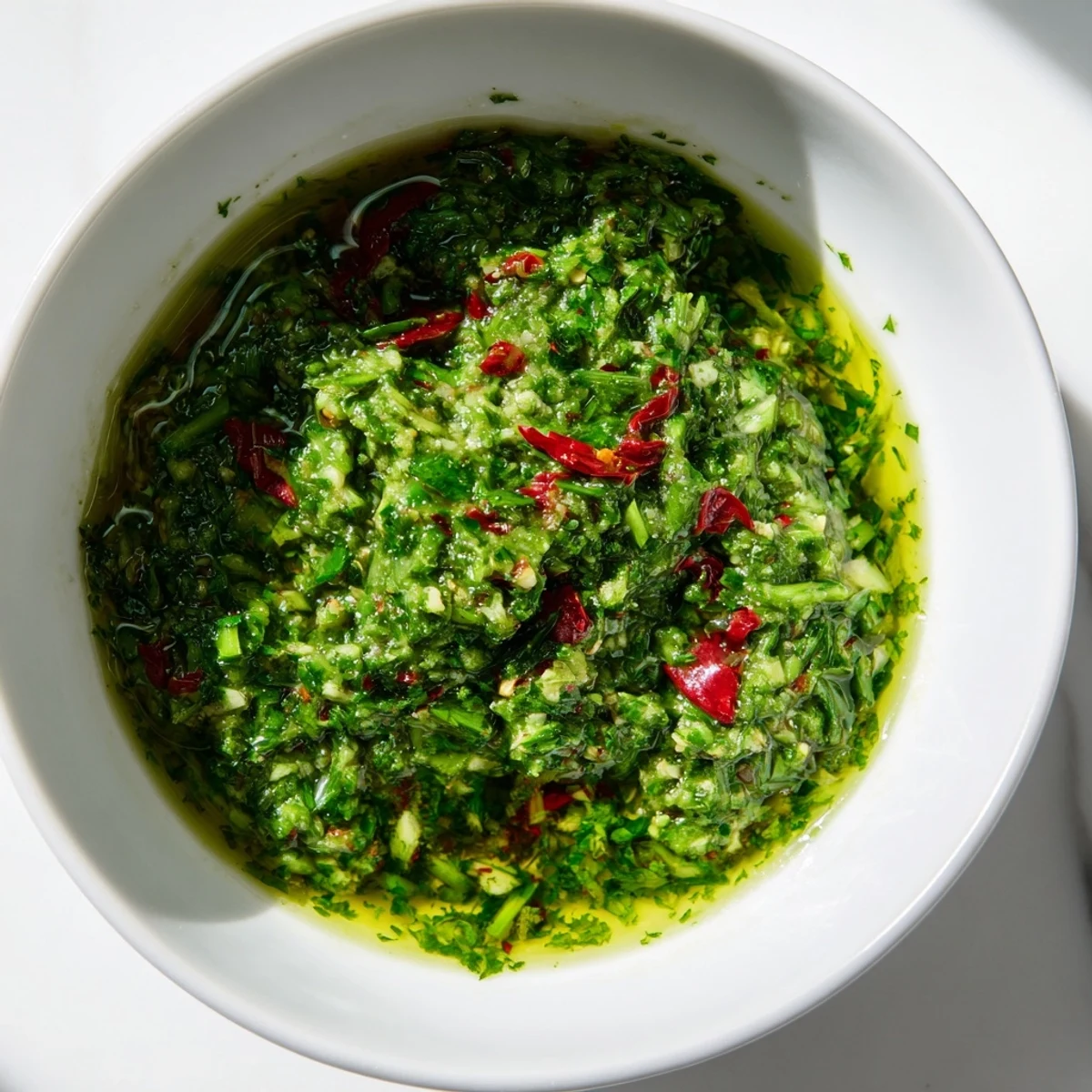 Vibrant green garlic scape chimichurri sauce drizzled over juicy grilled steak with fresh herbs