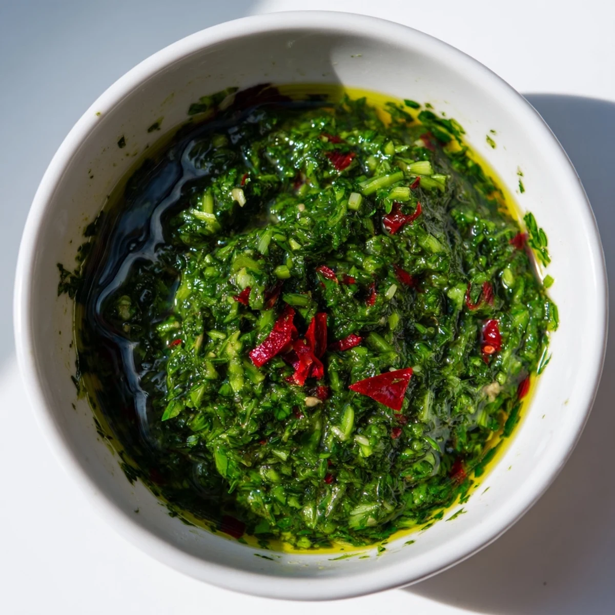 Thick textured garlic scape chimichurri sauce in glass bowl with parsley and cilantro flecks