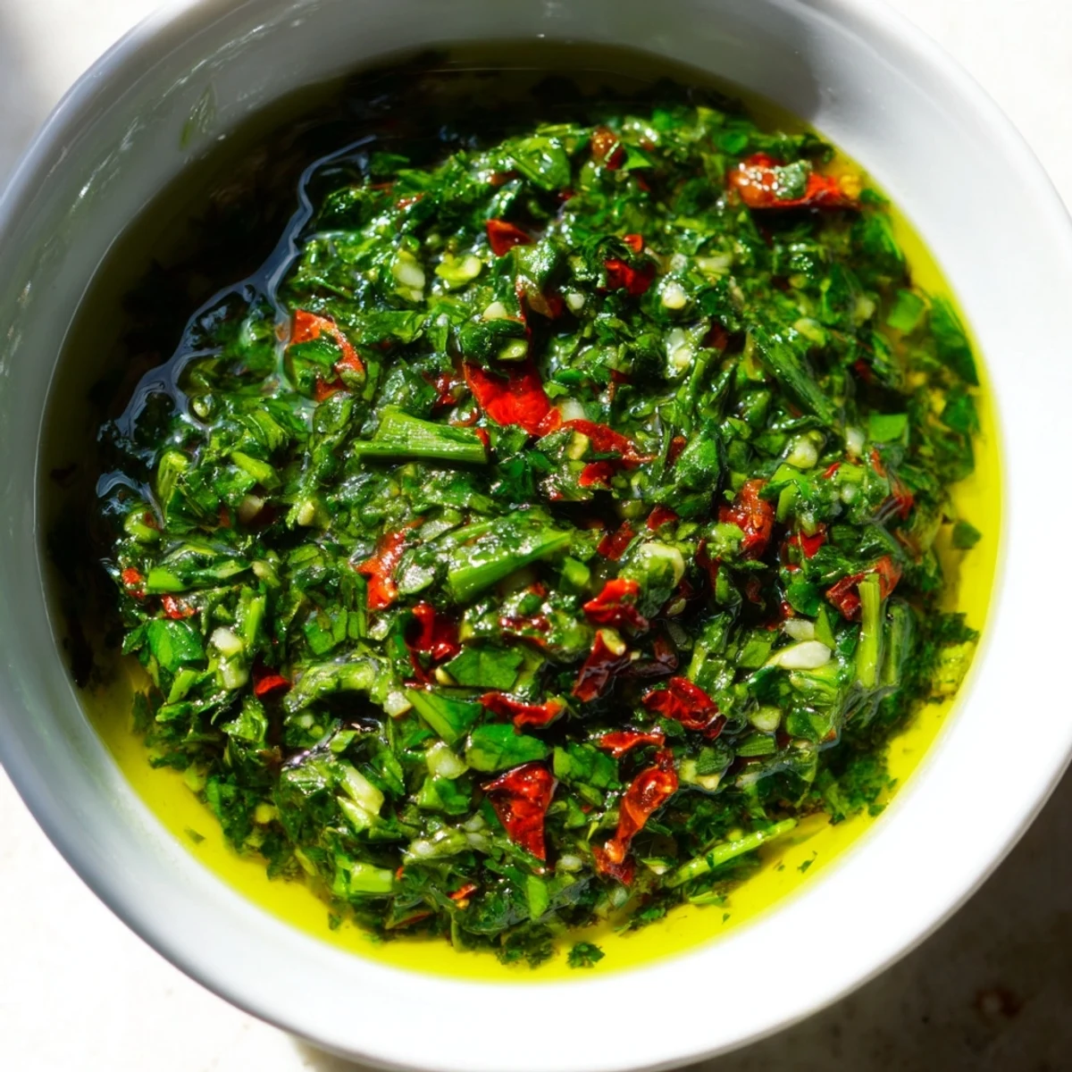 Homemade garlic scape chimichurri sauce spooned atop grilled vegetables and sizzling barbecue meats