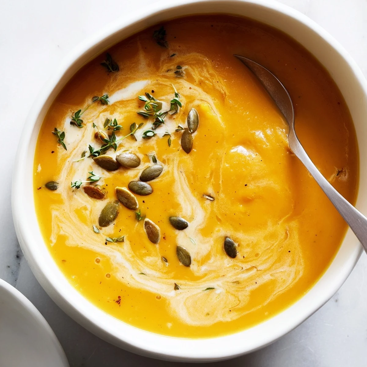Golden bowl of roasted butternut squash soup topped with toasted pumpkin seeds and fresh thyme