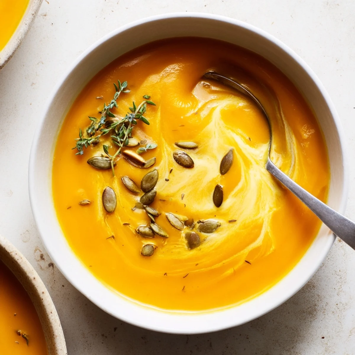 Creamy butternut squash soup garnished with coconut milk drizzle and crusty bread on the side