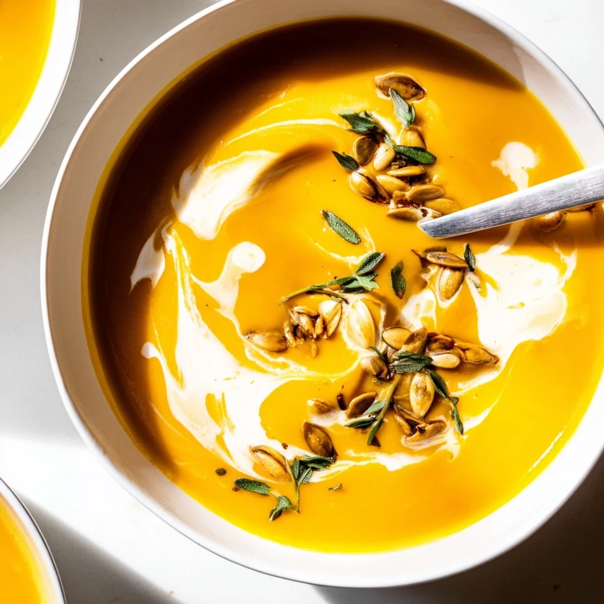 Velvety roasted butternut squash soup in white bowl sprinkled with fresh herbs and ground pepper