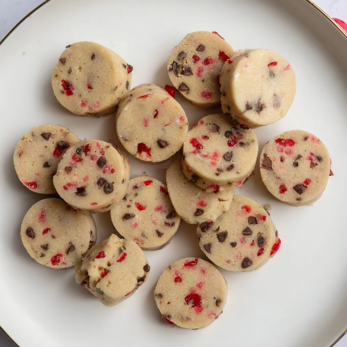 Golden Christmas maraschino cherry shortbread cookies studded with bright red cherries and mini chocolate chips on a white serving plate