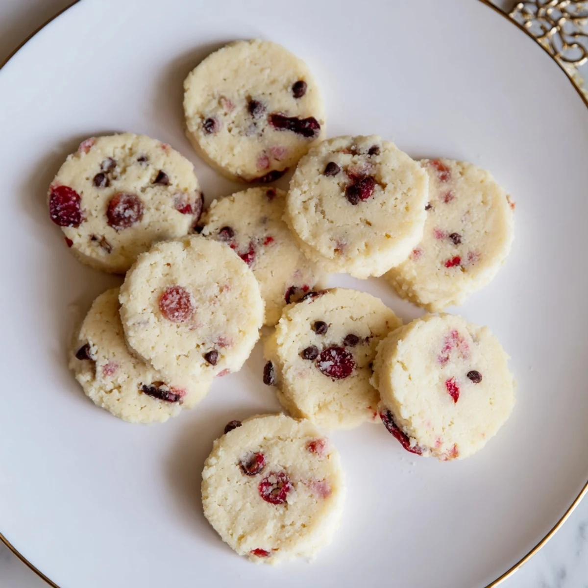 Buttery shortbread Christmas cookies with chopped maraschino cherries baked until lightly golden and arranged on a festive holiday platter