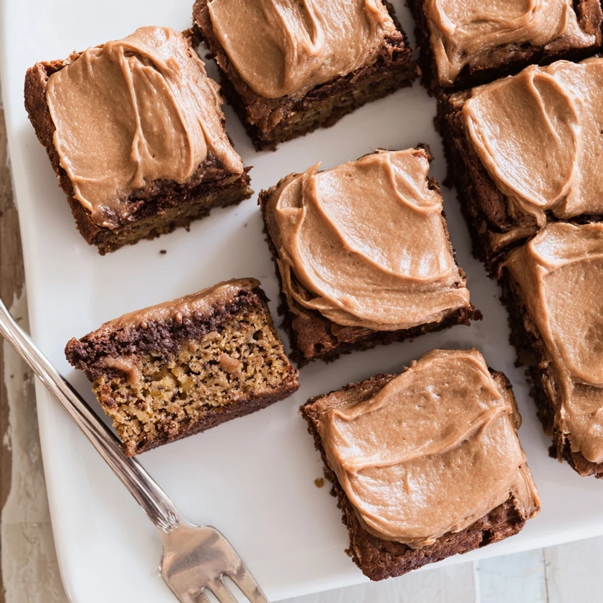 Freshly baked banana bread brownies slathered with nutty brown butter frosting and cut into neat rectangles