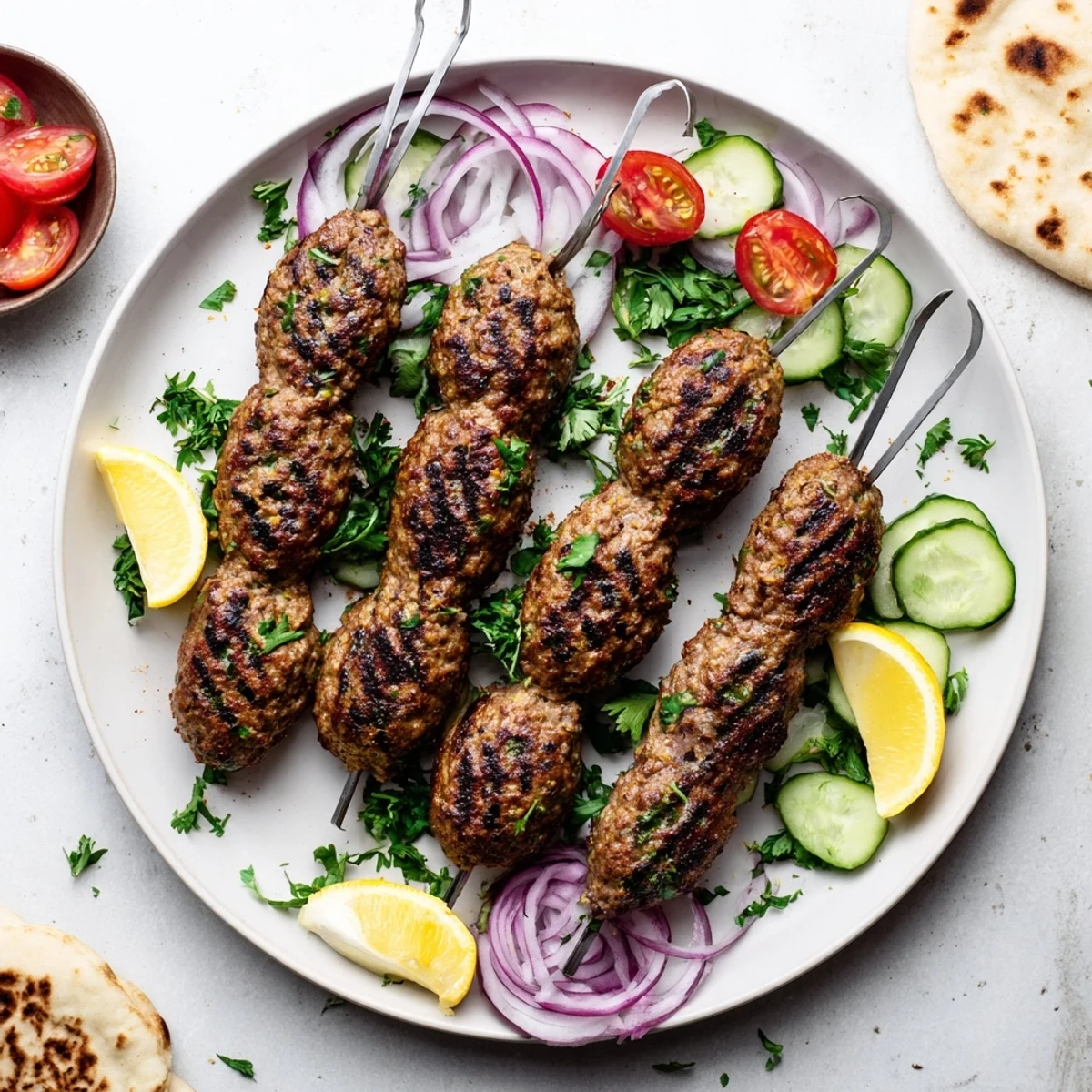 Golden grilled beef kofta kebabs on skewers garnished with fresh herbs and lemon wedges