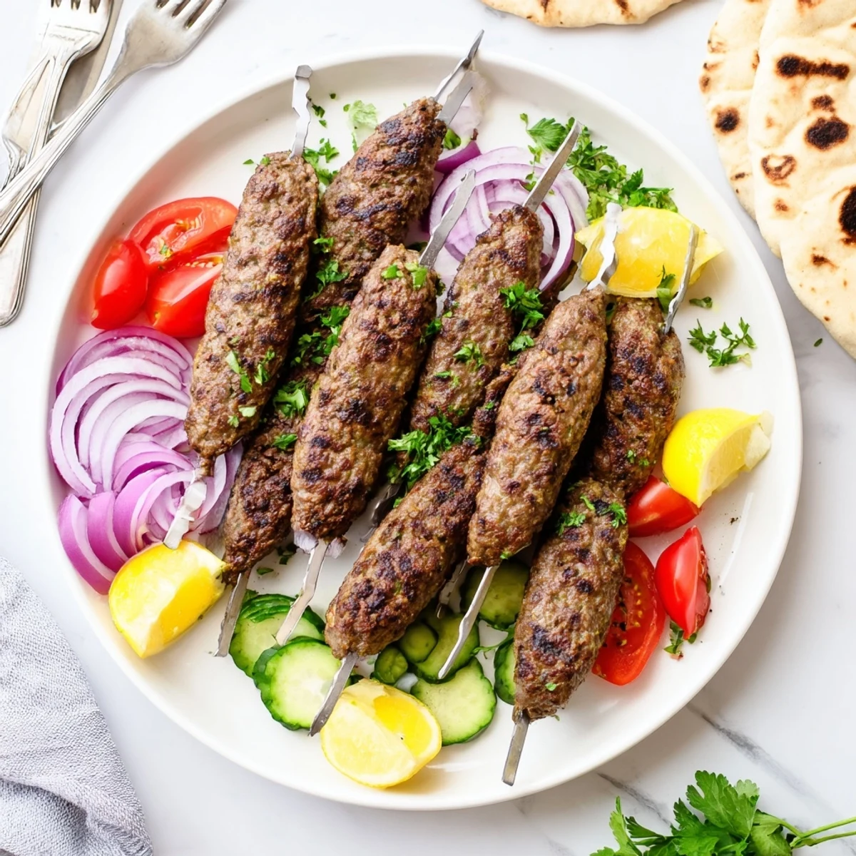 Juicy Middle Eastern spiced beef kofta kebabs served alongside warm flatbread and crisp vegetables