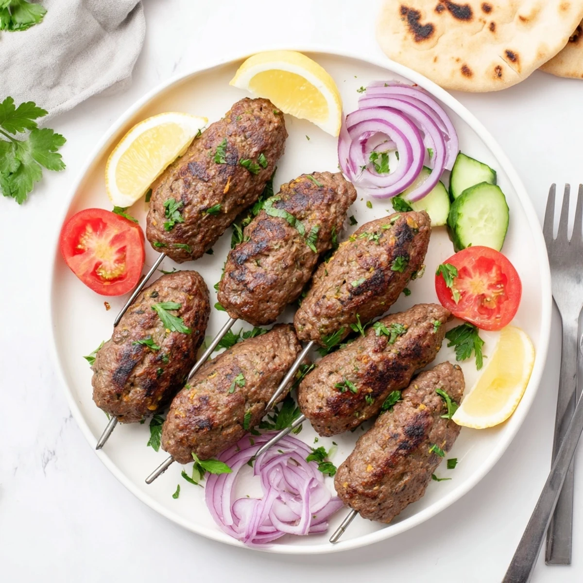 Perfectly charred beef kofta kebabs arranged on a platter with yogurt sauce and fresh toppings