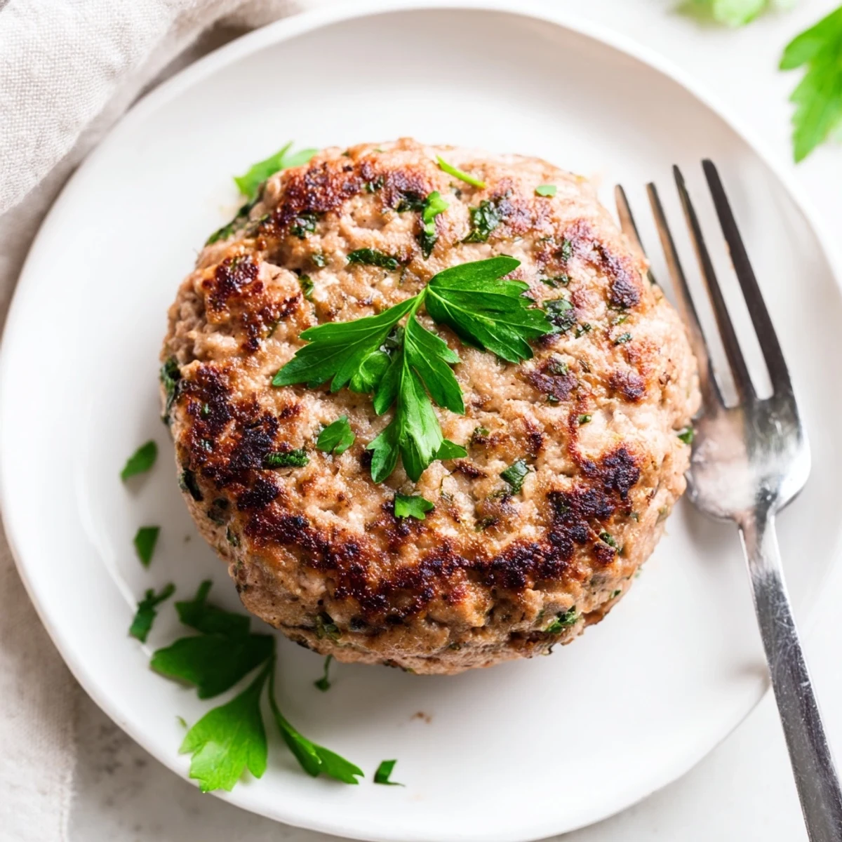 Golden brown turkey patties with arugula pea salad on a white serving plate