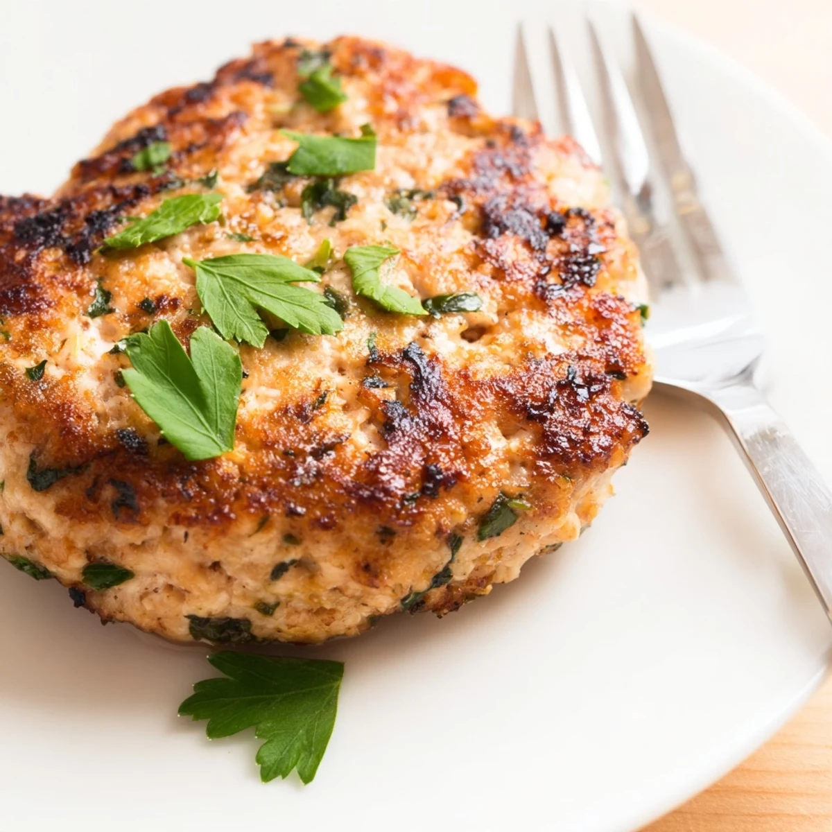 Juicy pan-fried turkey patties served alongside fresh arugula and pea salad with cherry tomatoes