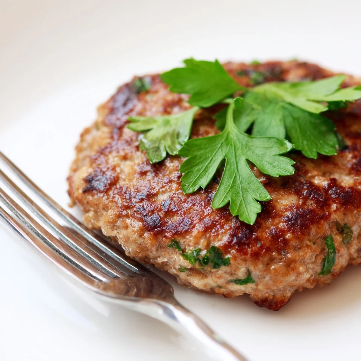 Homemade turkey patties plated with crisp arugula pea salad for a light healthy dinner