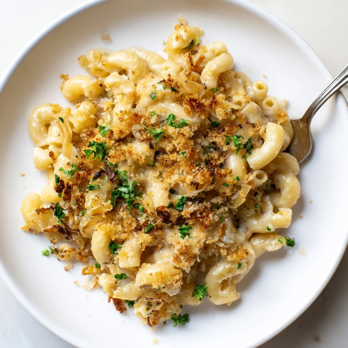 Golden brown French onion mac and cheese topped with crispy panko breadcrumbs and melted Gruyère