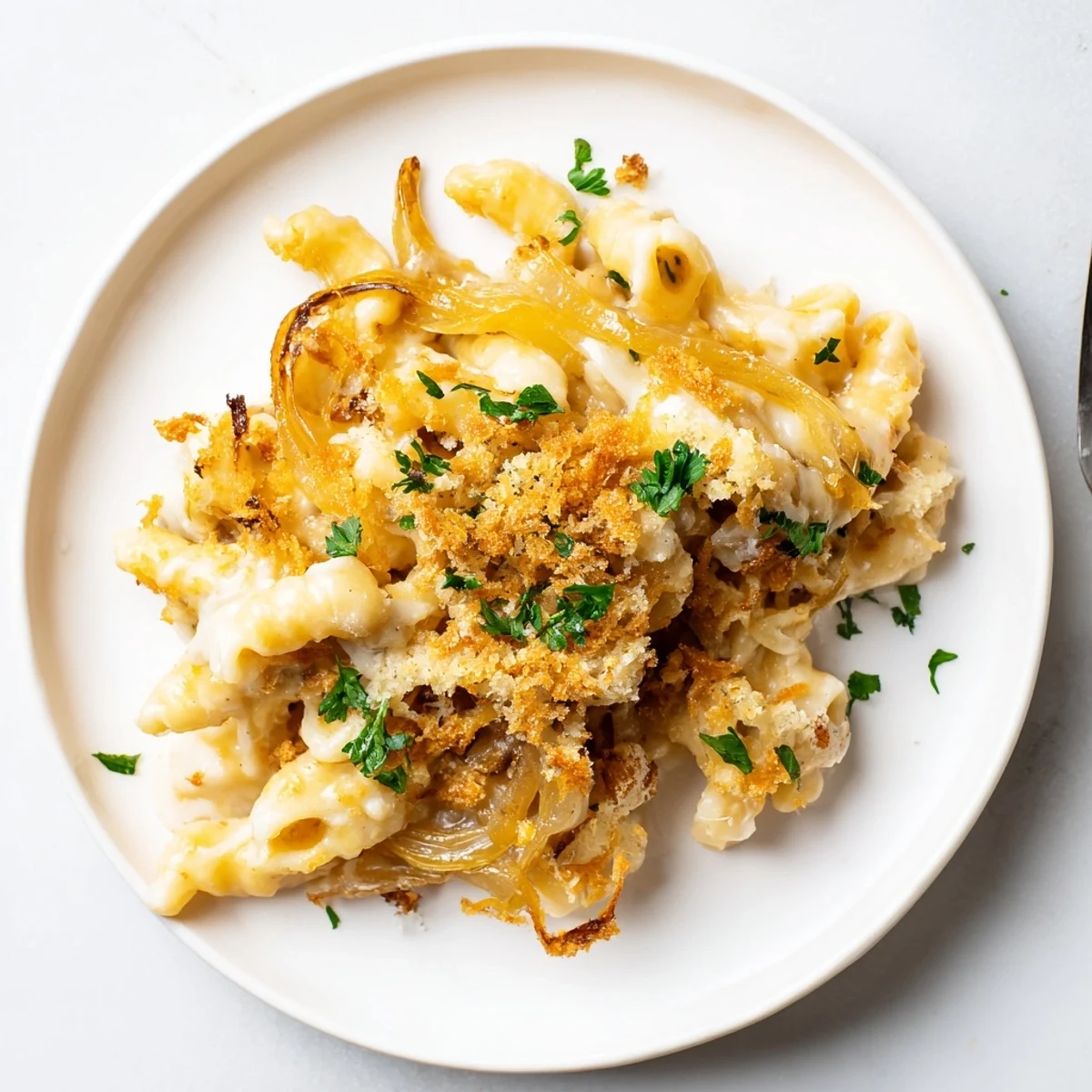 Baked French onion mac and cheese bubbling in a white dish with golden breadcrumb topping