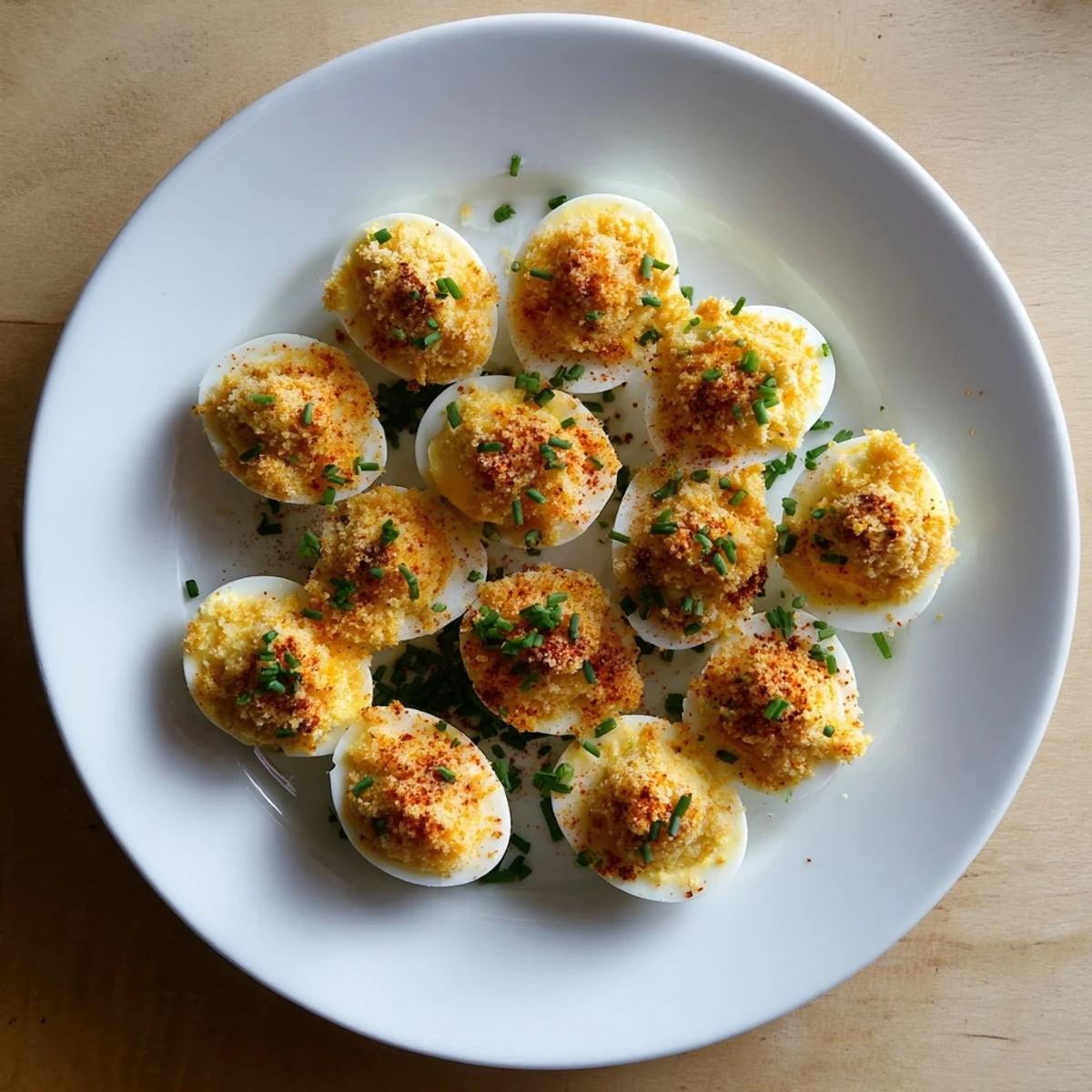 Golden brown fried deviled eggs with creamy yolk filling and fresh chive garnish on a white plate