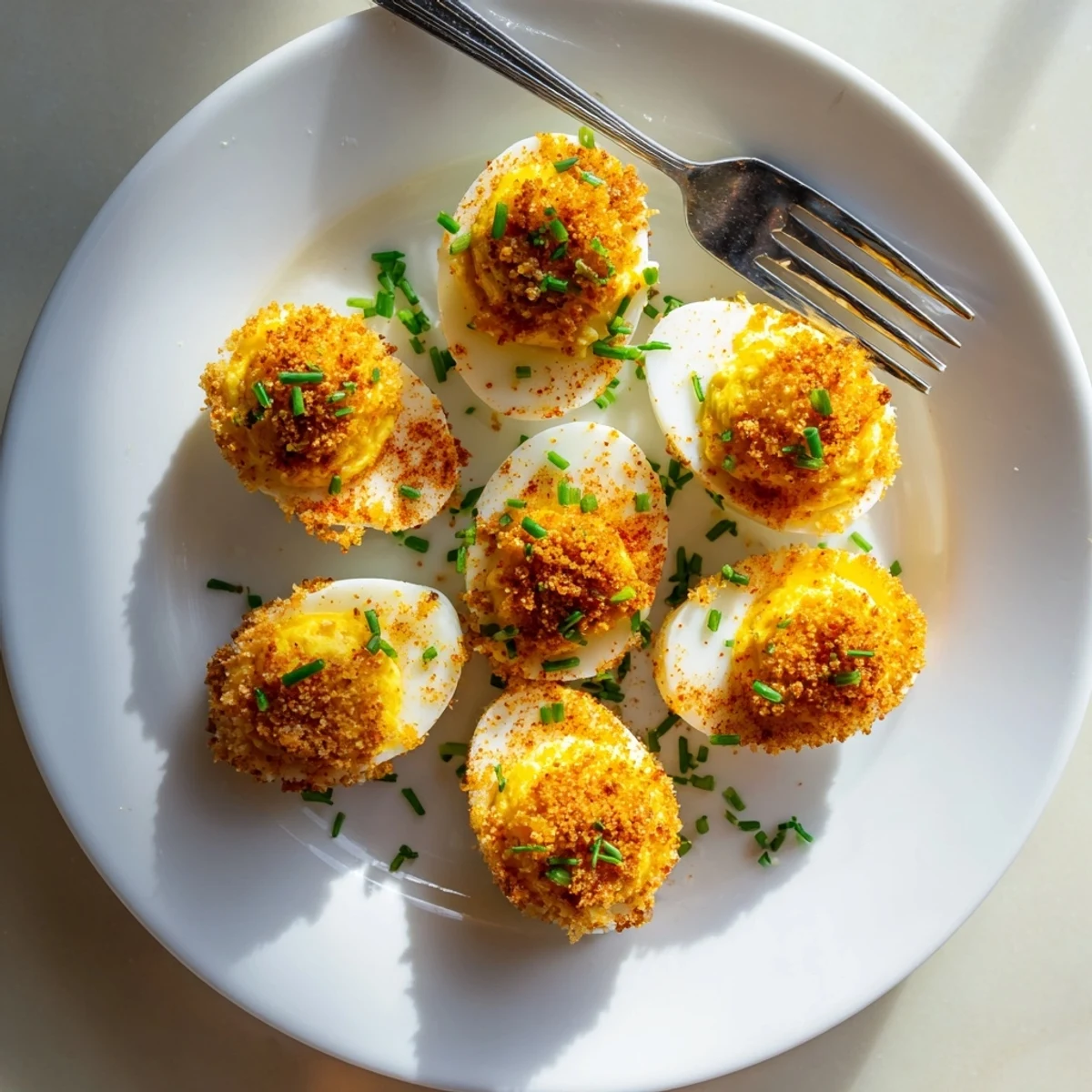 Breaded fried deviled eggs displaying golden crunchy exterior with tangy Dijon yolk mixture inside