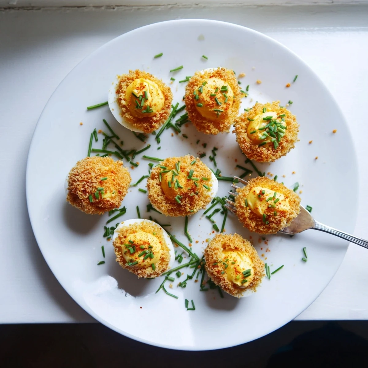 Crispy panko-coated deviled eggs featuring smooth mayonnaise mustard filling and paprika dusting for appetizer serving