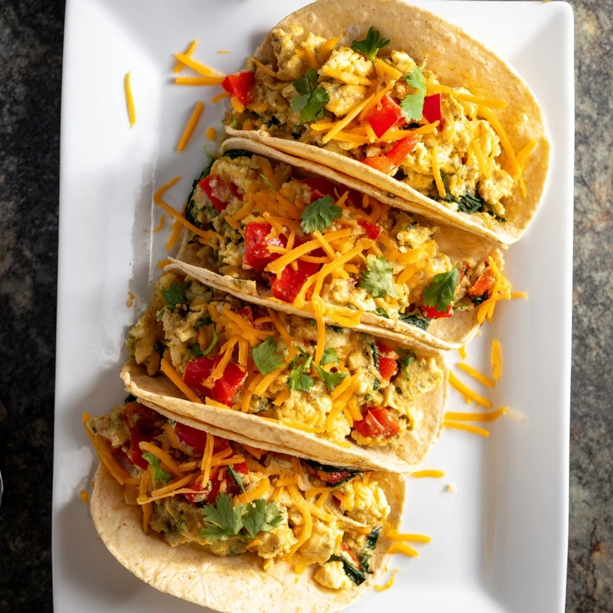 Golden crispy baked breakfast tacos filled with fluffy eggs, melted cheese, and colorful sautéed vegetables