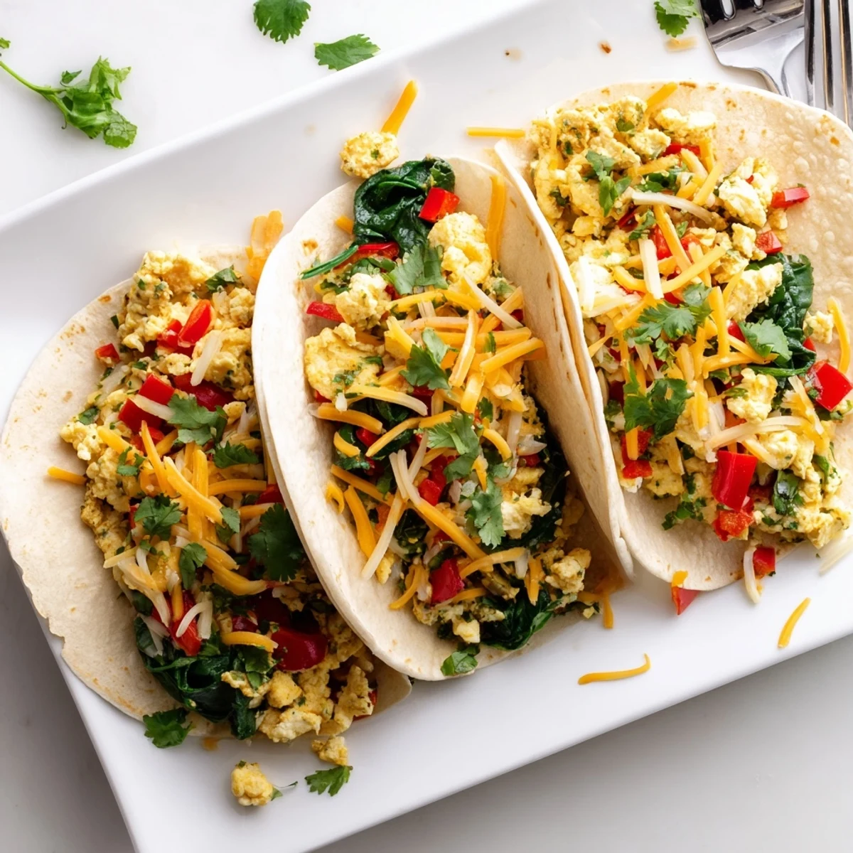 Oven-baked breakfast tacos with seasoned scrambled eggs, bubbling cheddar Monterey Jack blend, and fresh garnishes