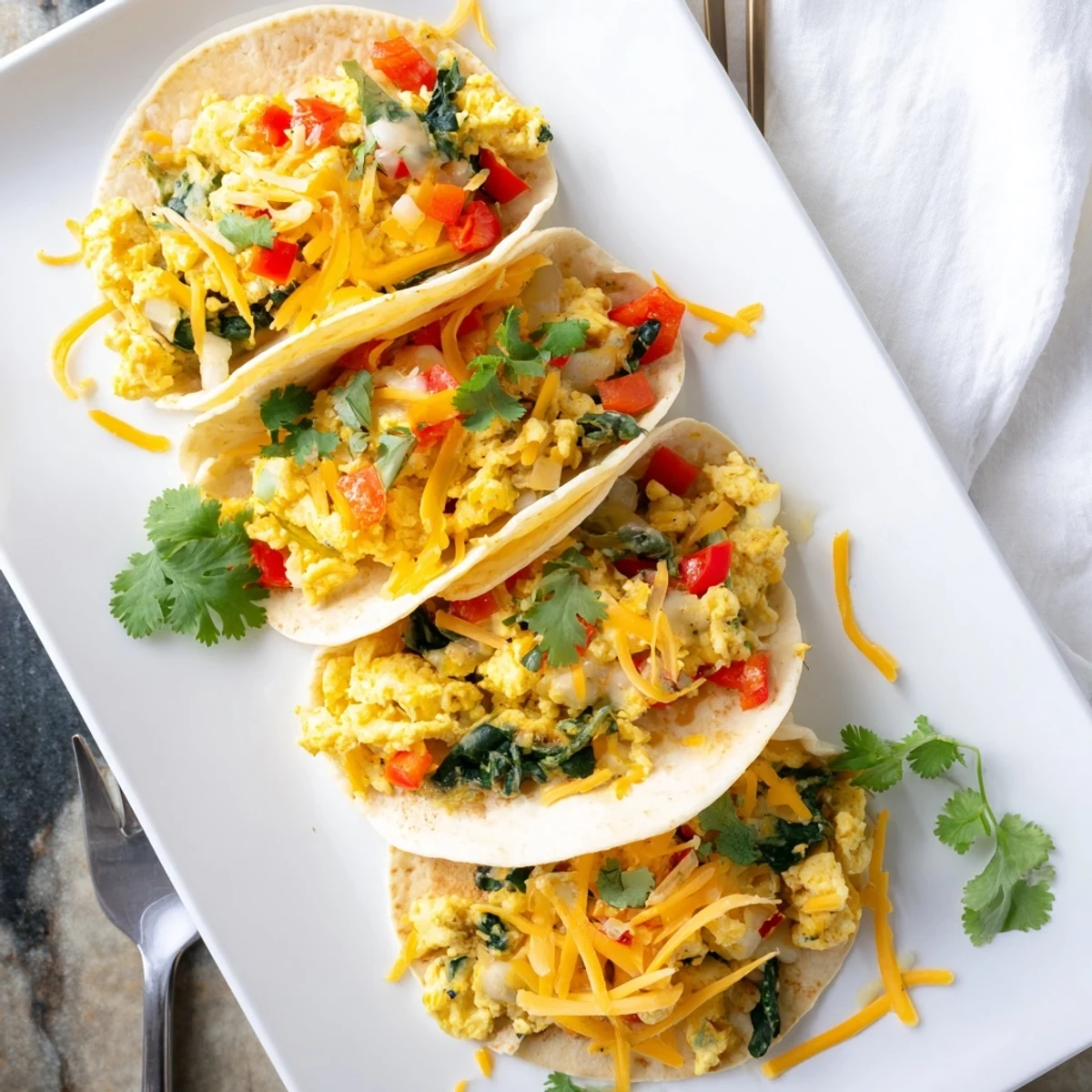 Delicious breakfast tacos arranged on baking sheet featuring egg vegetable filling topped with melted shredded cheese