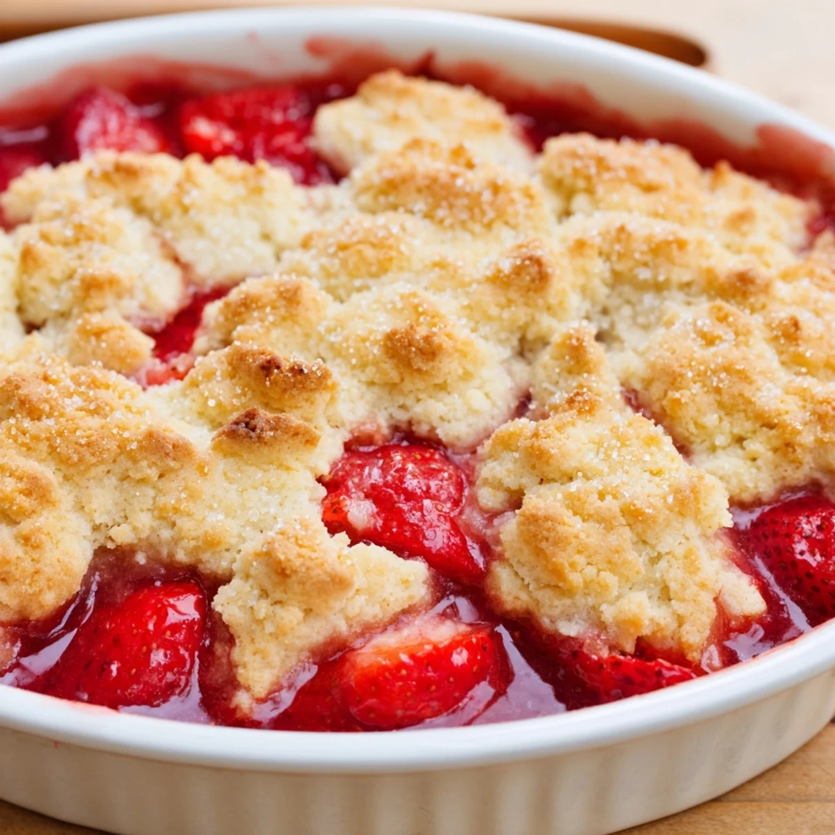 Golden biscuit-topped fresh strawberry cobbler recipe bubbling with sweet red fruit filling