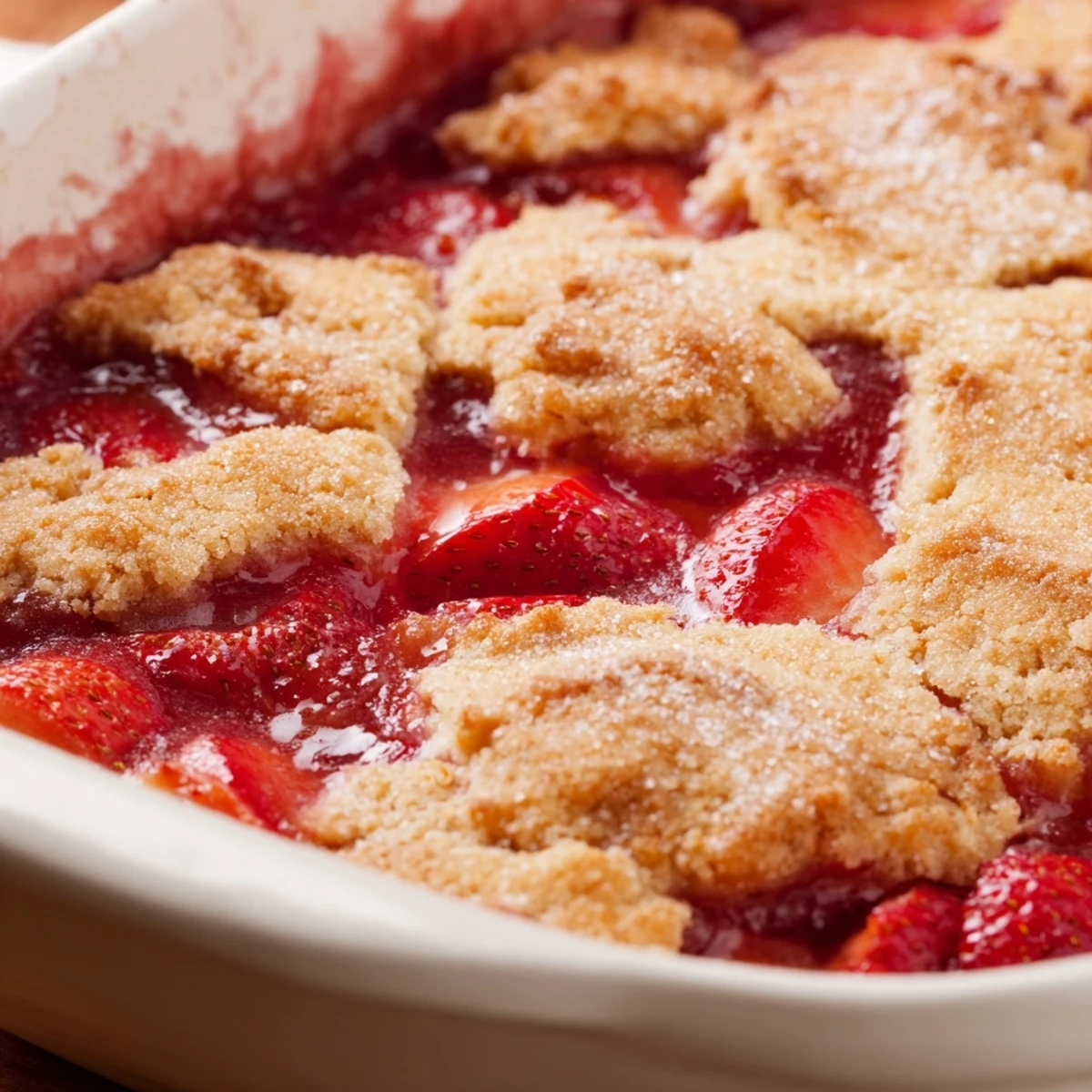 Warm fresh strawberry cobbler recipe served with vanilla ice cream for summer dessert