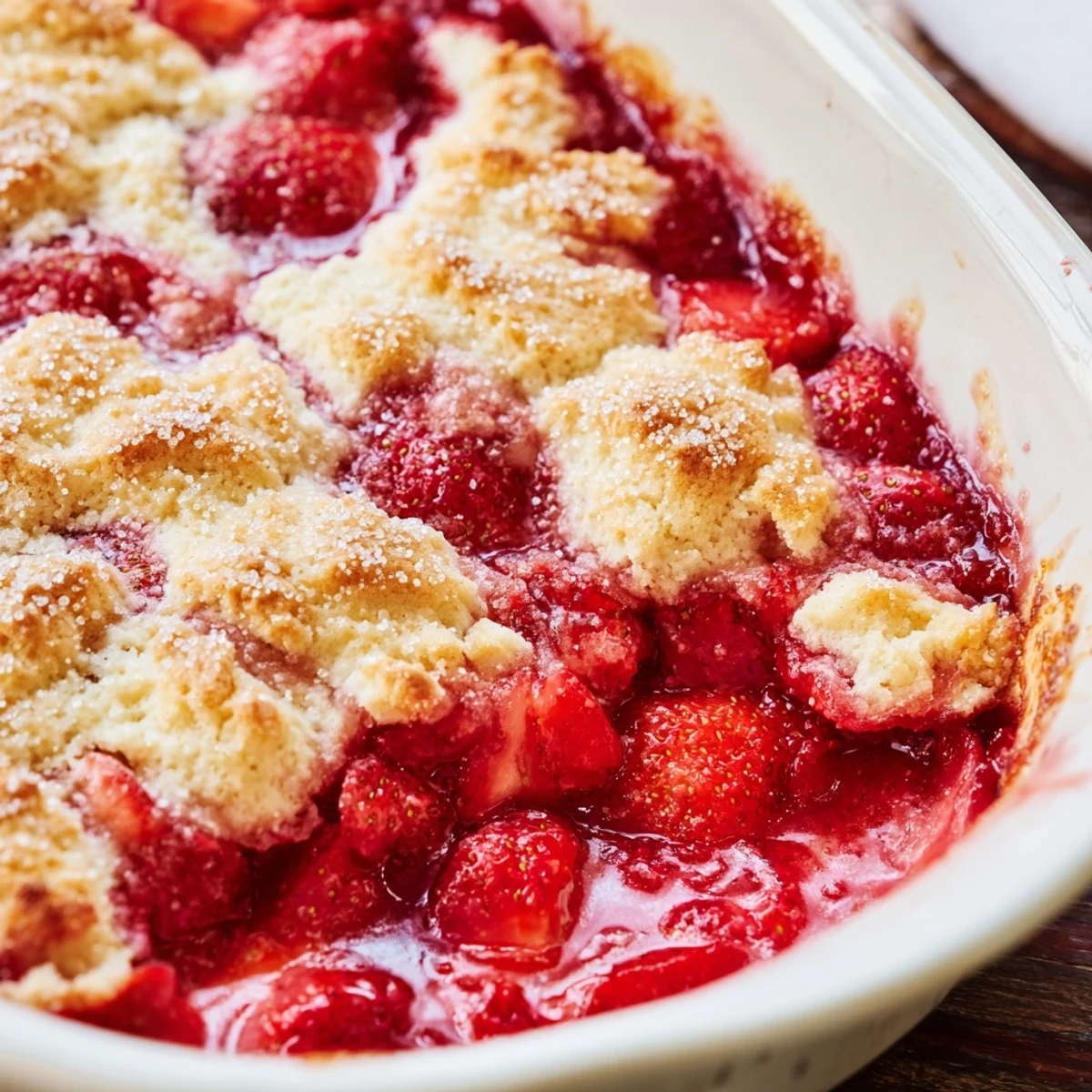 Baked fresh strawberry cobbler recipe featuring tender biscuits over juicy halved strawberries