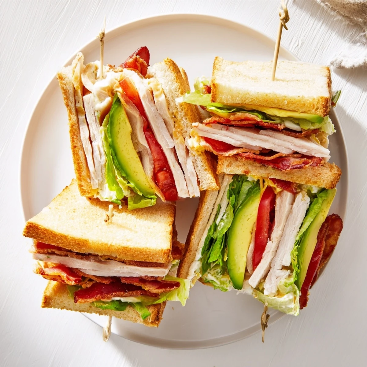 Golden triple-decker California Club Sandwich stacked with turkey, bacon, avocado, lettuce, and ripe tomato slices