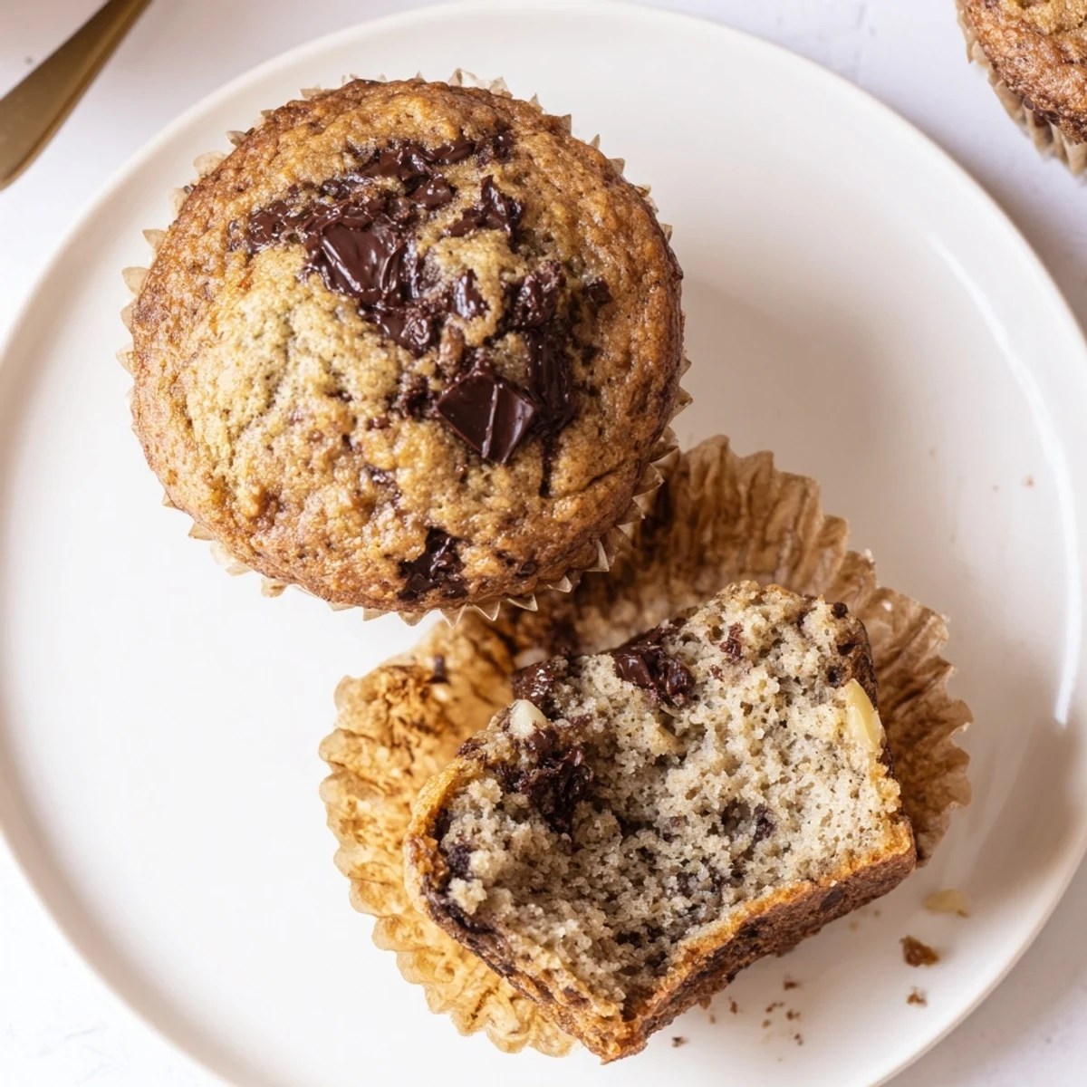 Stack of moist banana espresso chocolate chip muffins dusted with powdered sugar on a rustic wooden cutting board