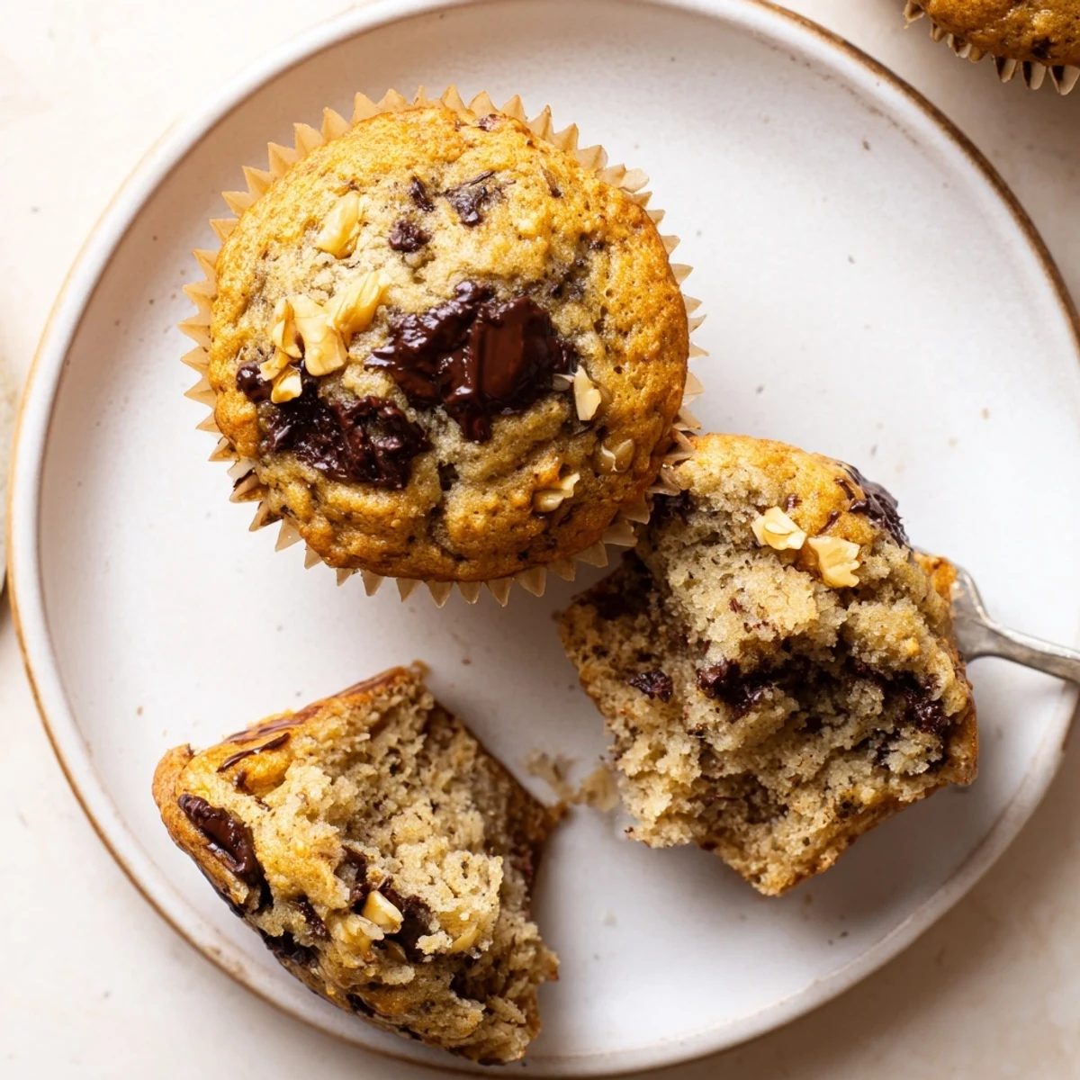 Close up of a crumbly banana espresso chocolate chip muffin revealing dark chocolate pockets and fluffy texture inside