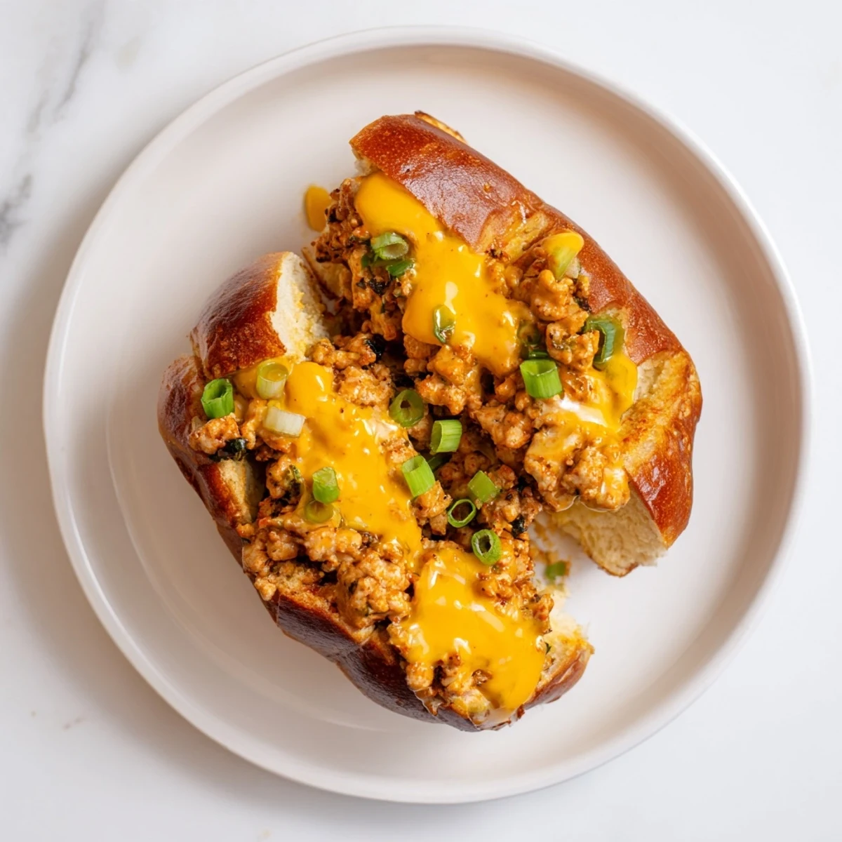 Cajun Chicken Sloppy Joes topped with melty cheddar sauce on toasted brioche buns