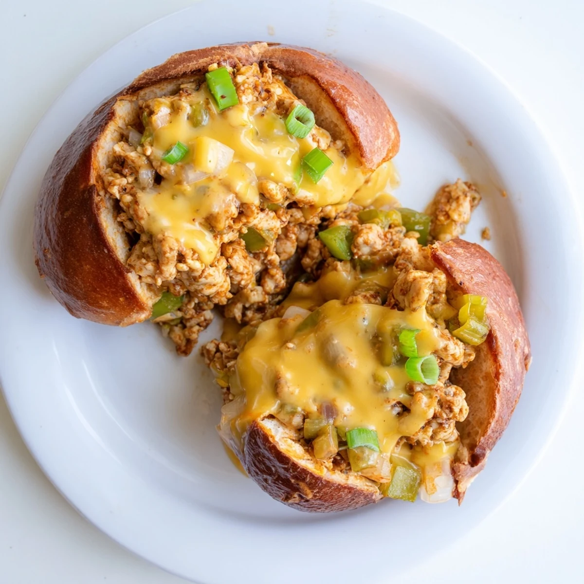 Spicy Cajun chicken filling smothered in creamy cheese sauce inside soft hamburger buns