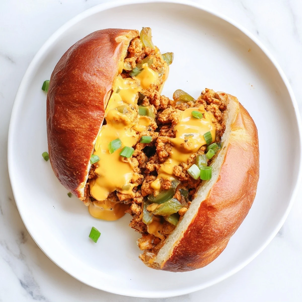 Golden Cajun-seasoned chicken Sloppy Joes drizzled with rich cheese sauce on split buns