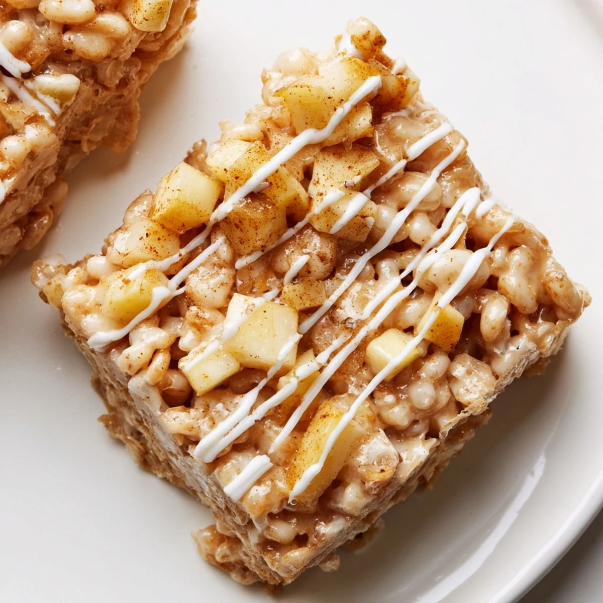 Homemade Apple Pie Rice Krispie Treats displaying crispy rice cereal and warm spiced apples