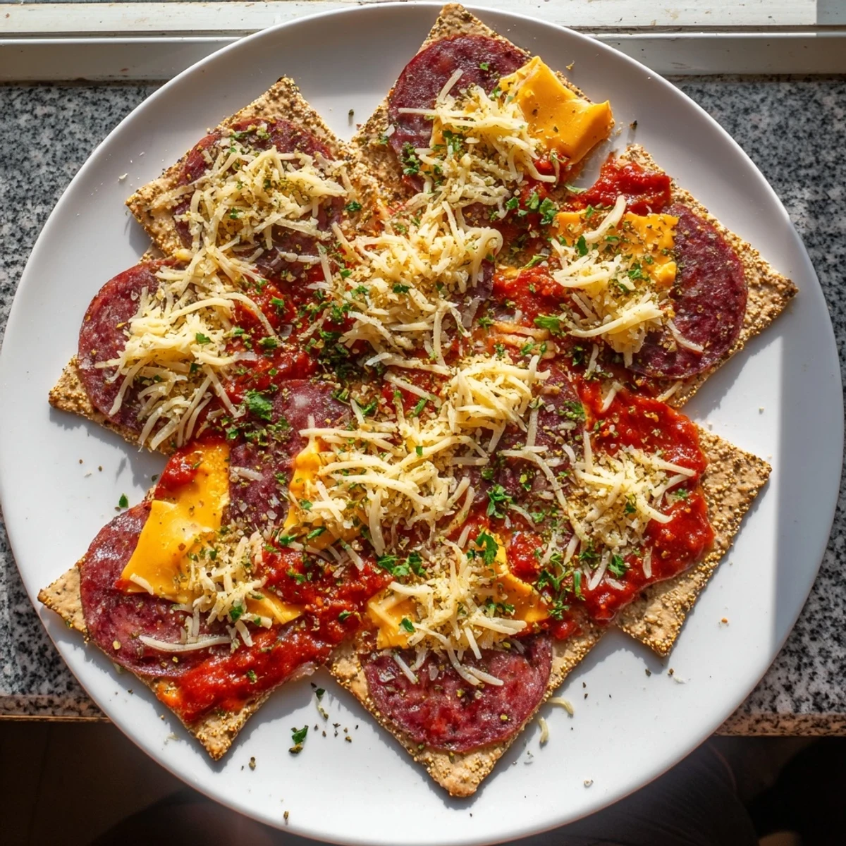 Bite-sized Beef Pepperoni Pizza Crackers featuring bubbly cheese and savory meat on crispy crackers ready for serving