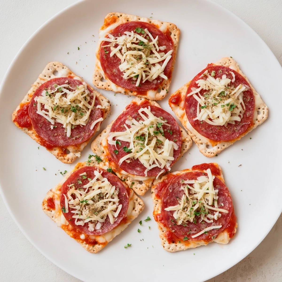 Golden brown Beef Pepperoni Pizza Crackers topped with melted mozzarella and zesty pepperoni slices on a baking sheet