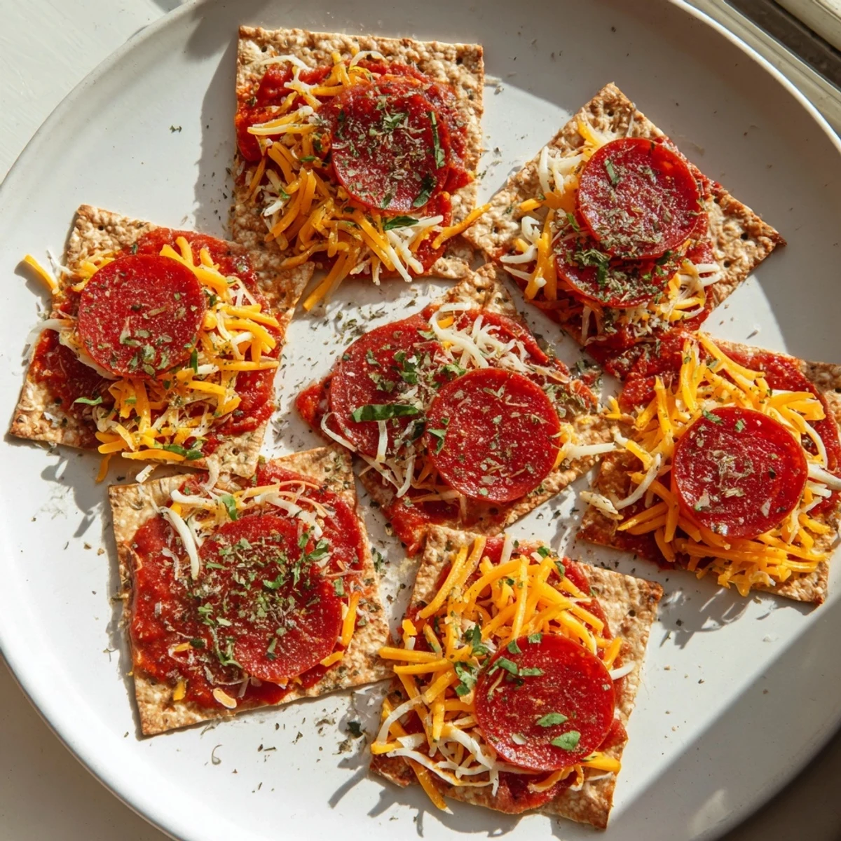 Homemade Beef Pepperoni Pizza Crackers arranged on parchment with fresh parsley garnish and gooey melted cheese topping