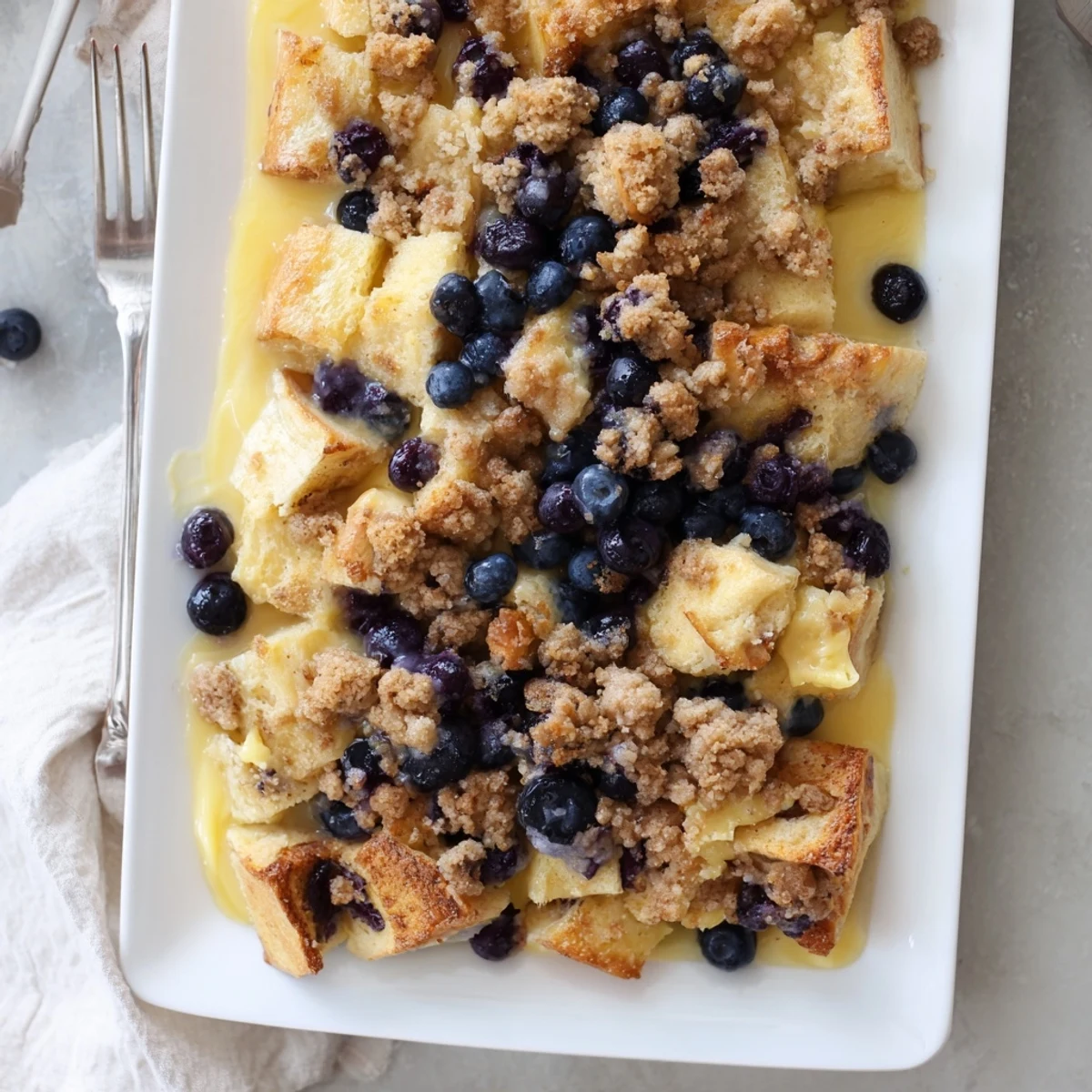 Creamy blueberry French toast bake with melted cream cheese and burst berries