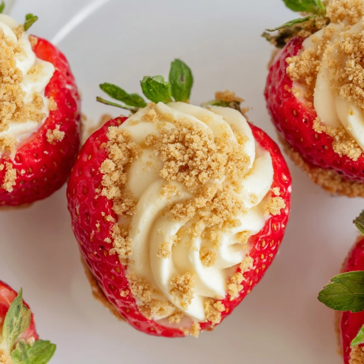 Fresh juicy strawberries piped with creamy cheesecake filling and topped with sweet graham cracker crumbs