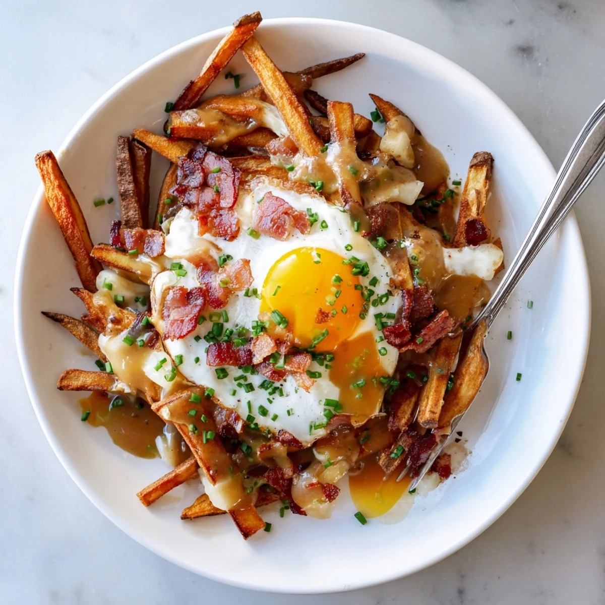Savory breakfast poutine with rich gravy poured over crispy fries and garnished with fresh chives