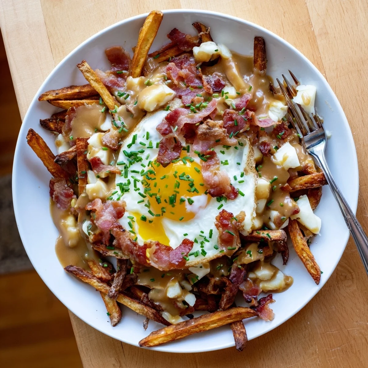 Hearty ultimate breakfast poutine featuring golden potato fries, creamy cheese curds, and runny poached eggs
