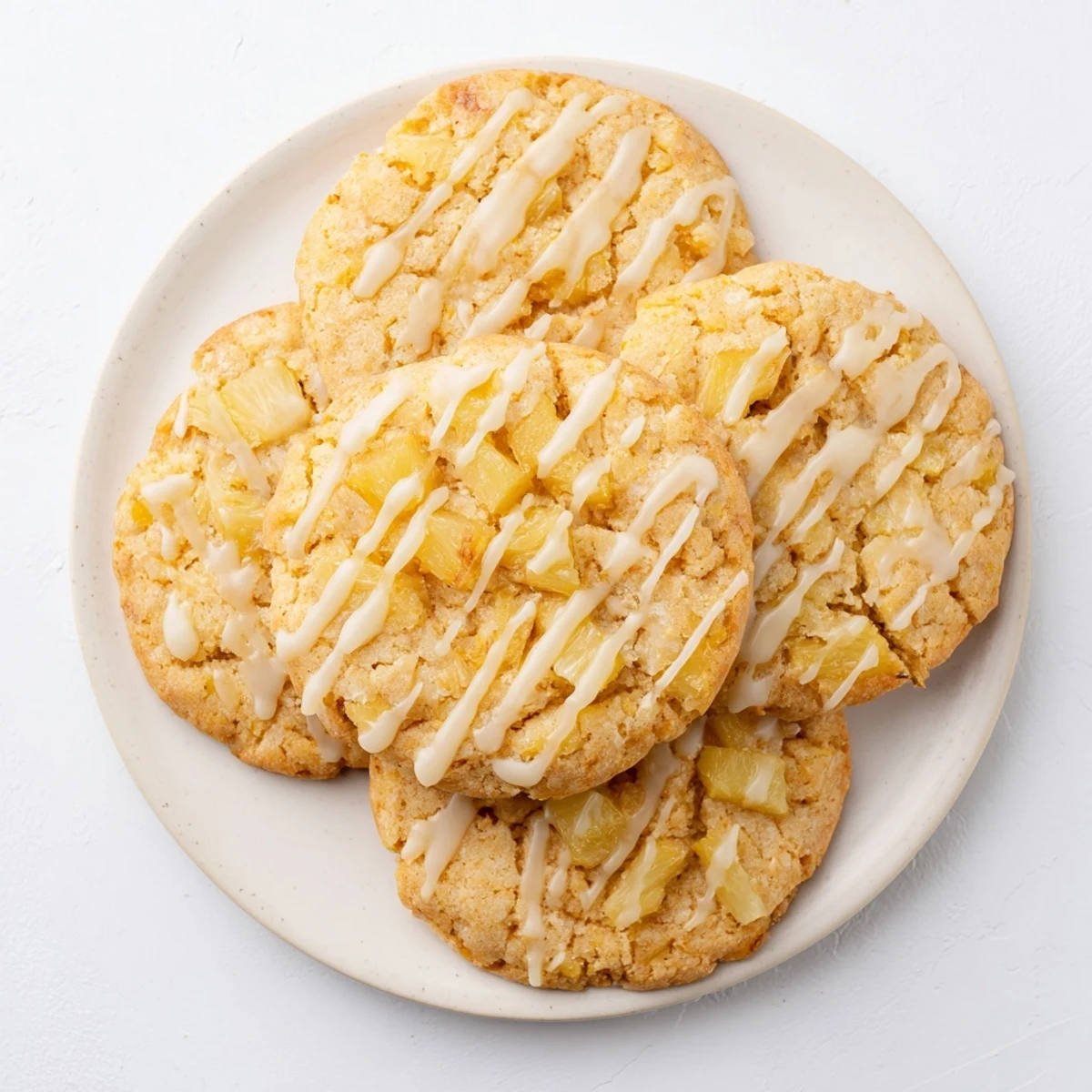 Golden pineapple cookies with sweet fruit chunks and drizzled white glaze on a white plate