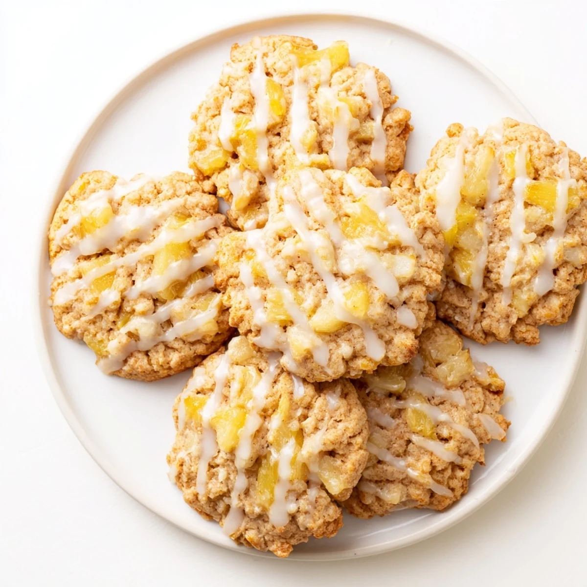 Plate of warm pineapple cookies topped with sweet powdered sugar glaze and crushed pineapple