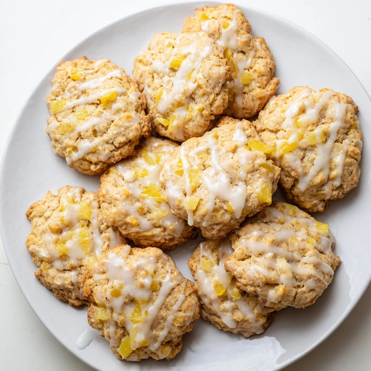 Soft buttery pineapple cookies fresh from the oven with tropical pineapple pieces throughout the dough