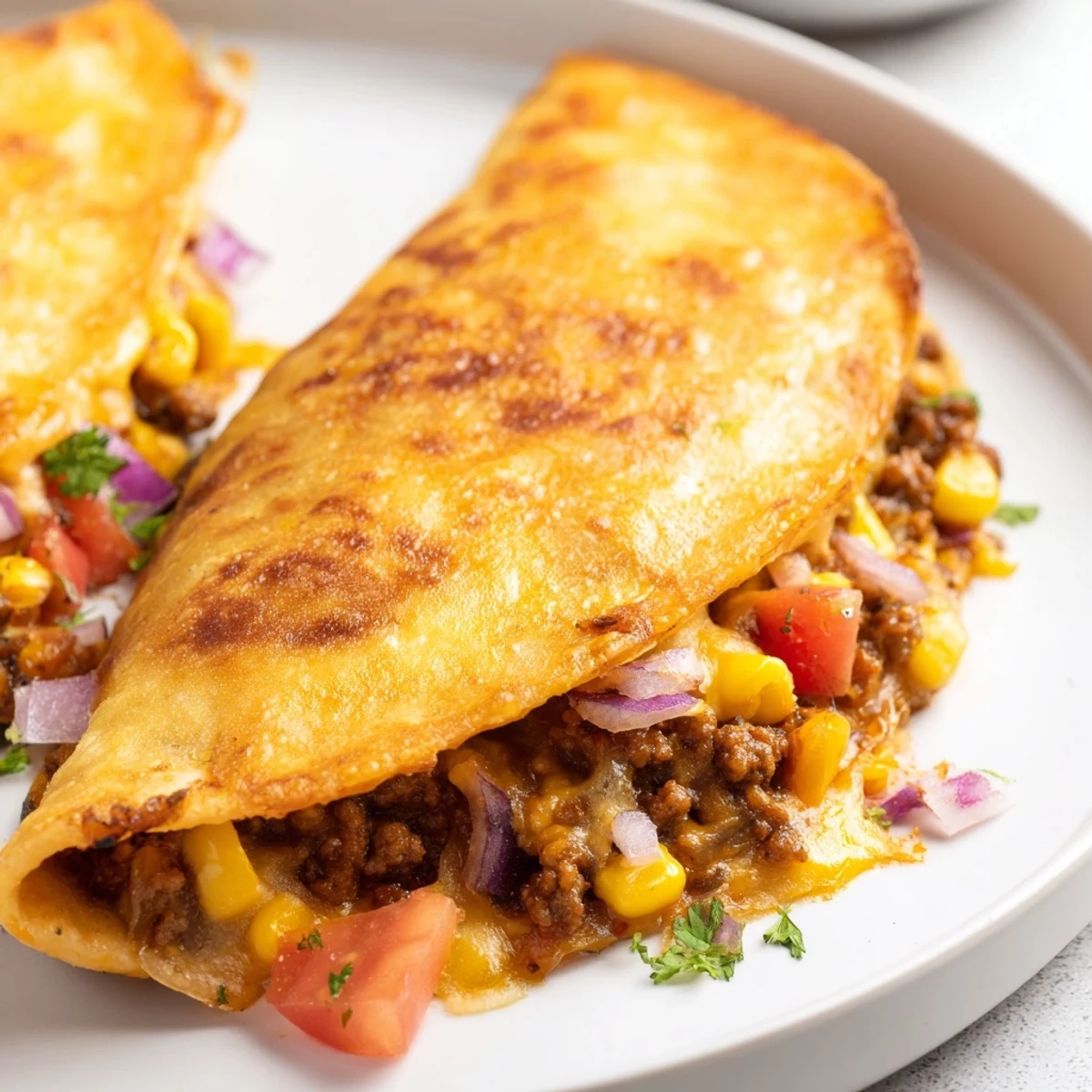 Golden fried spicy crispy Mexican taco pockets filled with seasoned beef and melted cheddar cheese