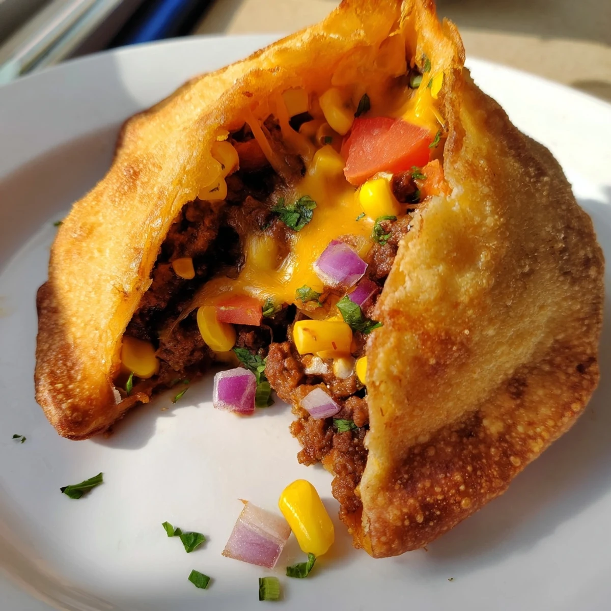 Crispy golden Mexican taco pockets stuffed with spiced ground beef fresh vegetables and melty cheese