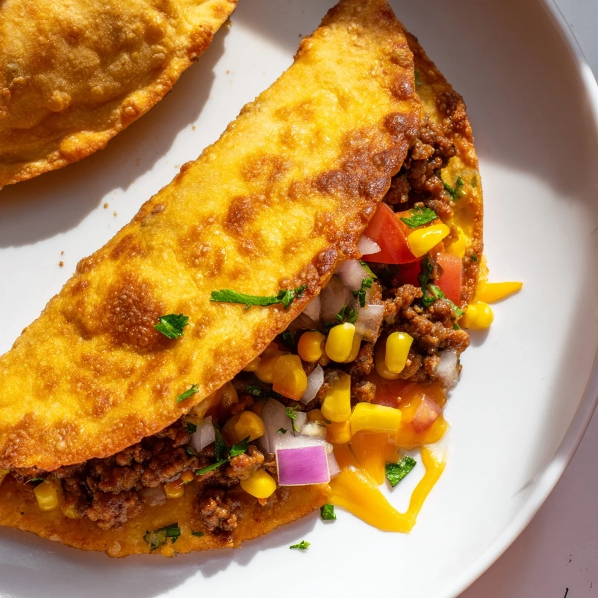 Platter of spicy crispy Mexican taco pockets garnished with sour cream avocado and lime wedges
