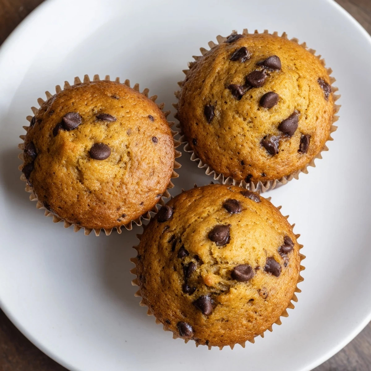 Freshly baked moist banana chocolate chip muffins cooling in a lined muffin tin