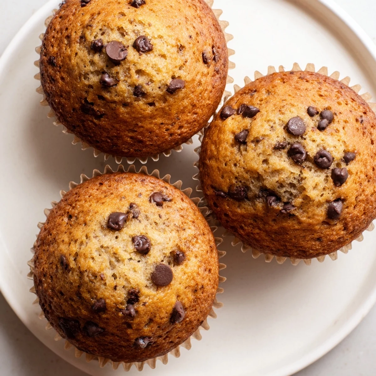 Batch of fluffy banana chocolate chip muffins with domed tops and speckled chocolate pieces